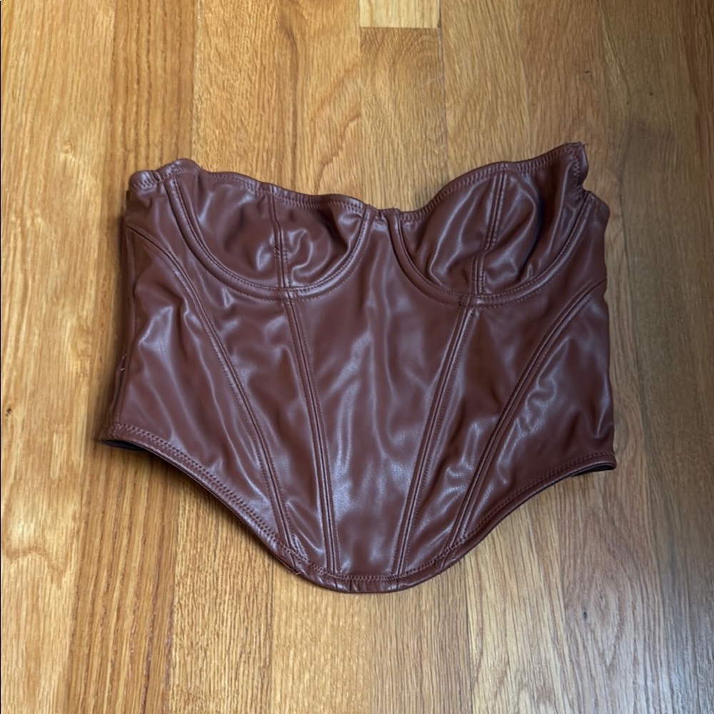Urban Outfitters Brown Faux Leather Blouse with Structured Boning